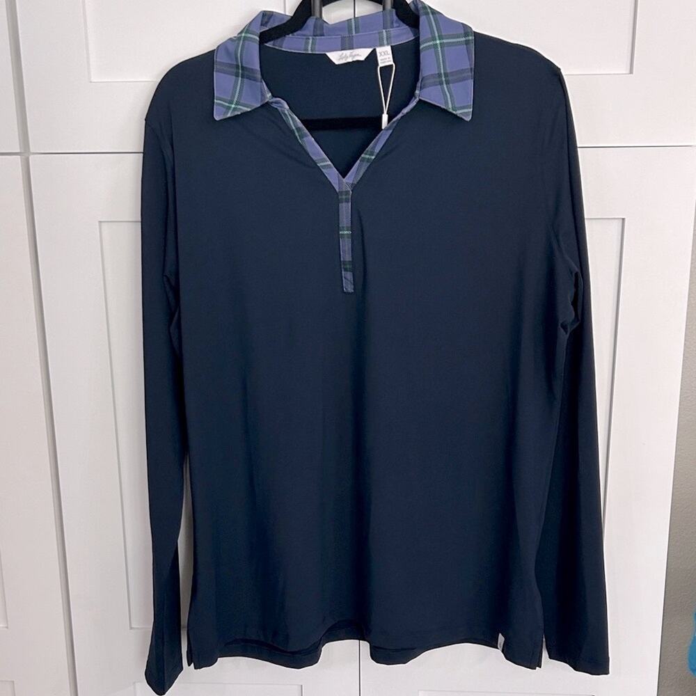 Lady Hagen Clubhouse Johnny Collar Navy Plaid Collar Polo - XXL - NWT